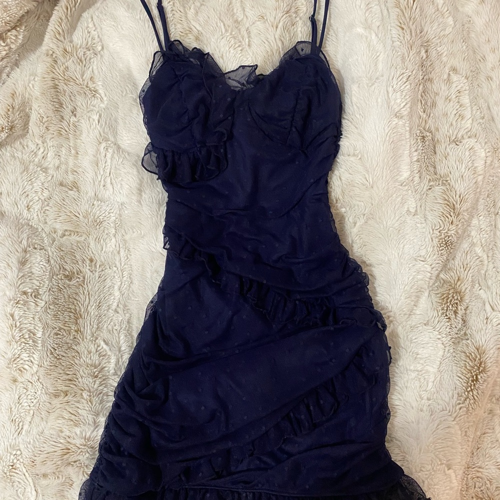 Lucy in the Sky Haisley bodycon asymmetrical navy blue polka dot ruffle dress!